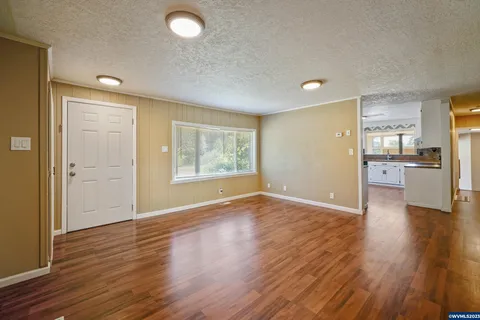 Ranch house living room with hardwood floors